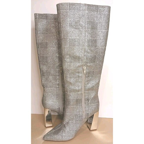 Gianni Bini Sz 6.5 Black White Metallic Houndstooth Tall Boots Mirror Heels EUC - Picture 2 of 16